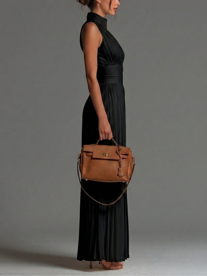 Chic Black V-Neck Sleeveless Wide-Leg Chiffon Jumpsuit with Zip-Up and Pleated Design