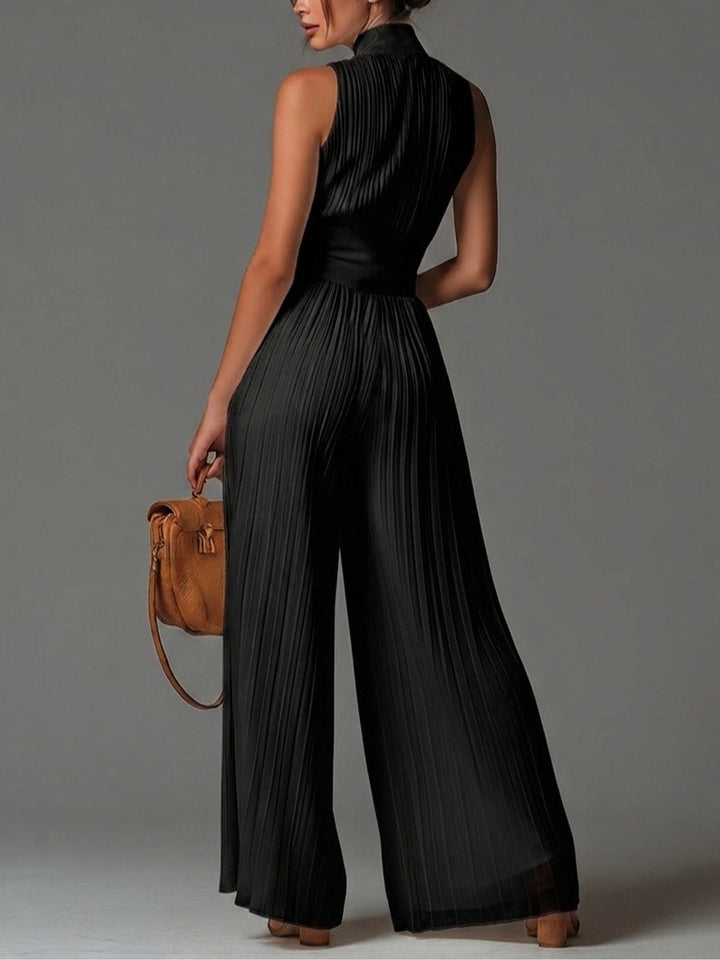 Chic Black V-Neck Sleeveless Wide-Leg Chiffon Jumpsuit with Zip-Up and Pleated Design