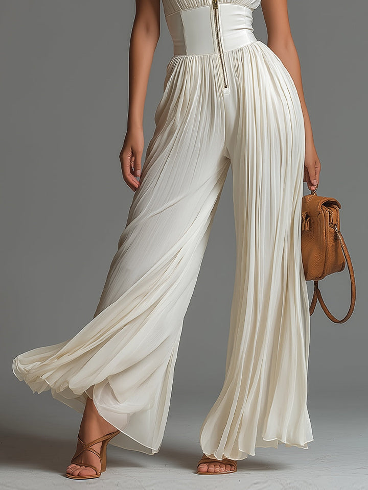 White V-Neck Sleeveless Wide-Leg Chiffon Jumpsuit with Zip-Up and Pleated Detail