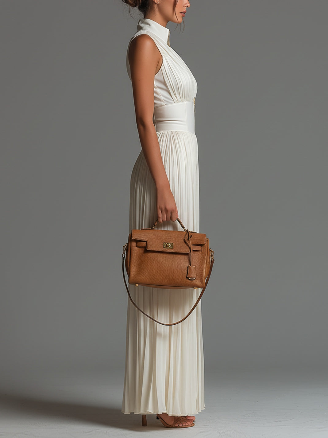 White V-Neck Sleeveless Wide-Leg Chiffon Jumpsuit with Zip-Up and Pleated Detail