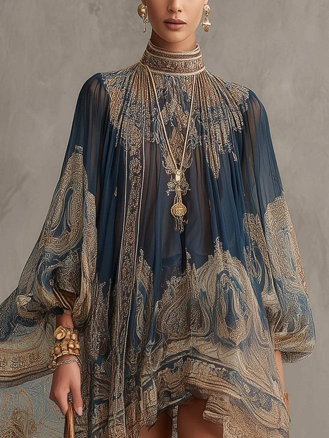Navy Blue High-Neck Irregular Chiffon Mini Dress with Baroque Print
