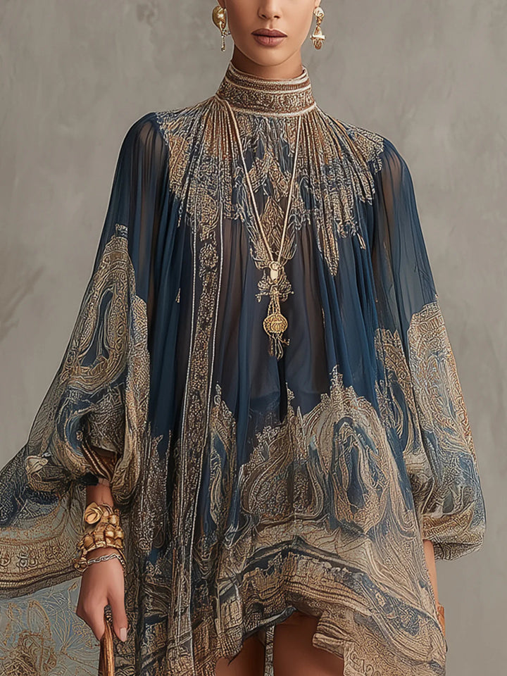 Navy Blue High-Neck Irregular Chiffon Mini Dress with Baroque Print