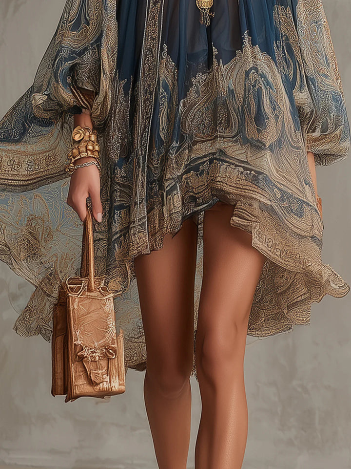 Navy Blue High-Neck Irregular Chiffon Mini Dress with Baroque Print