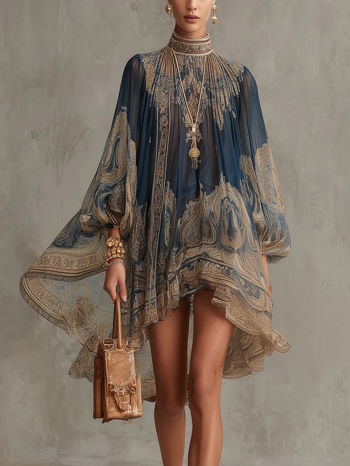 Navy Blue High-Neck Irregular Chiffon Mini Dress with Baroque Print
