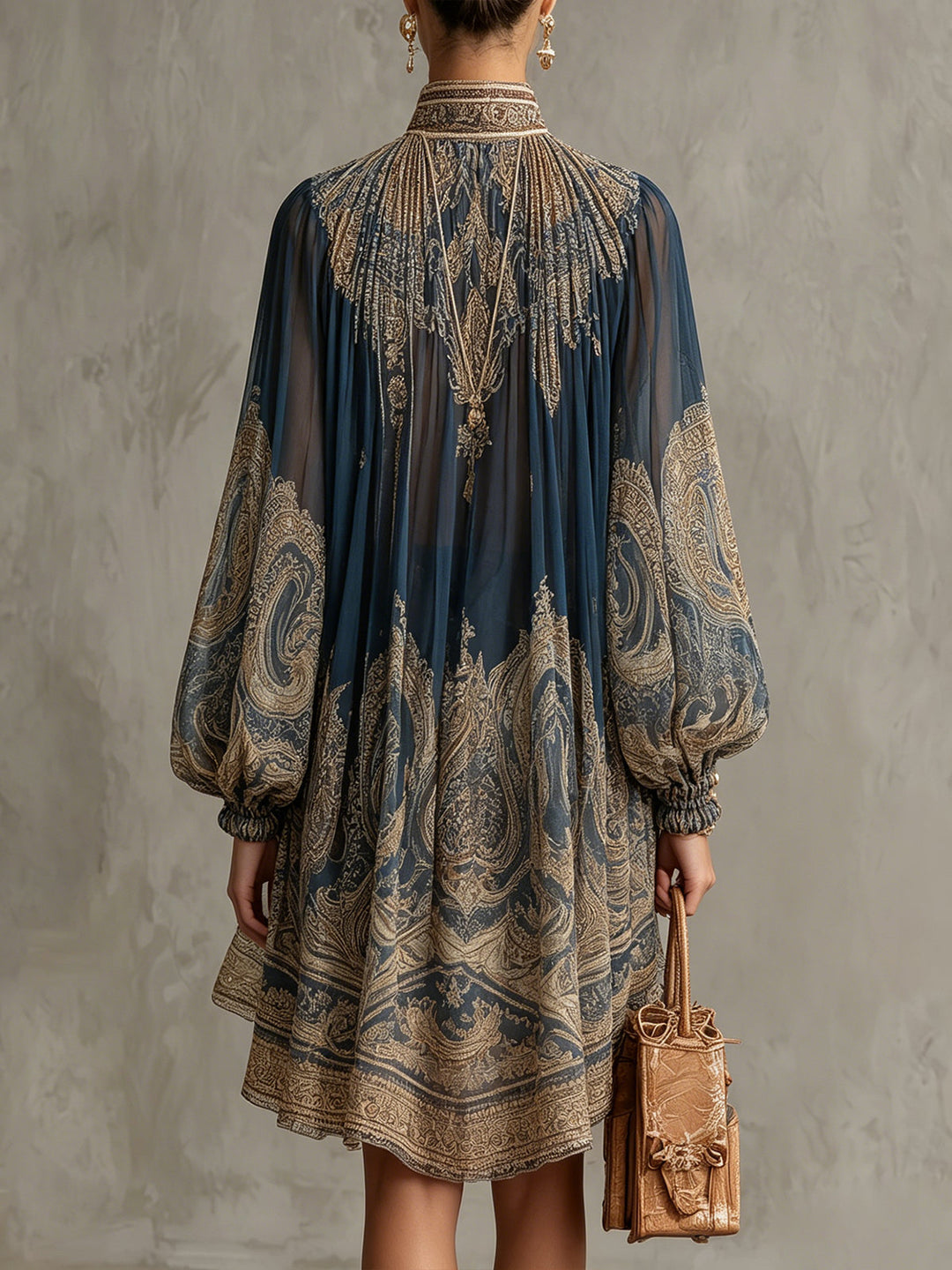 Navy Blue High-Neck Irregular Chiffon Mini Dress with Baroque Print