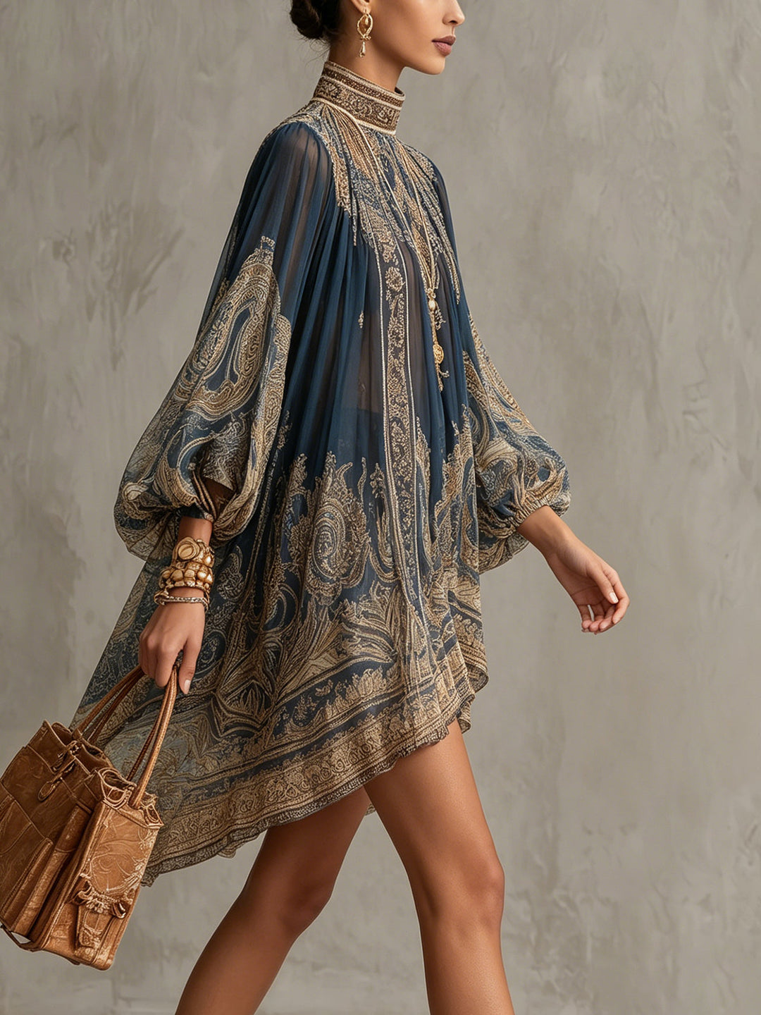 Navy Blue High-Neck Irregular Chiffon Mini Dress with Baroque Print
