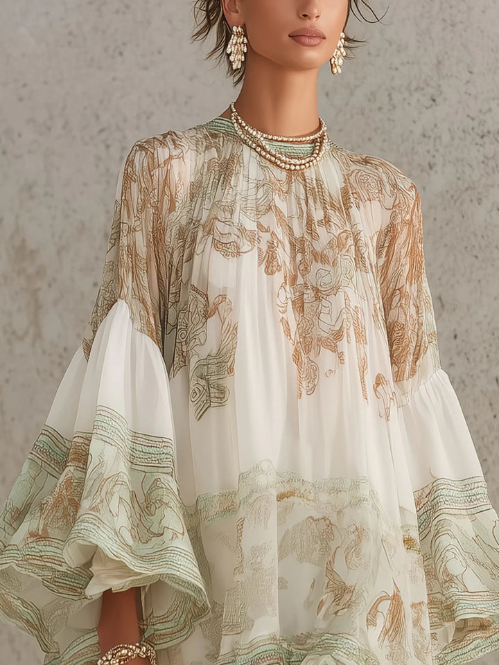 Green Ruffled Hem Chiffon Mini Dress with Flounce Sleeves