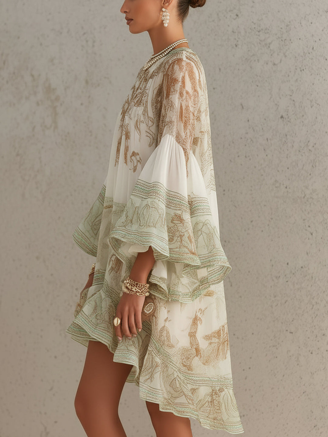 Green Ruffled Hem Chiffon Mini Dress with Flounce Sleeves
