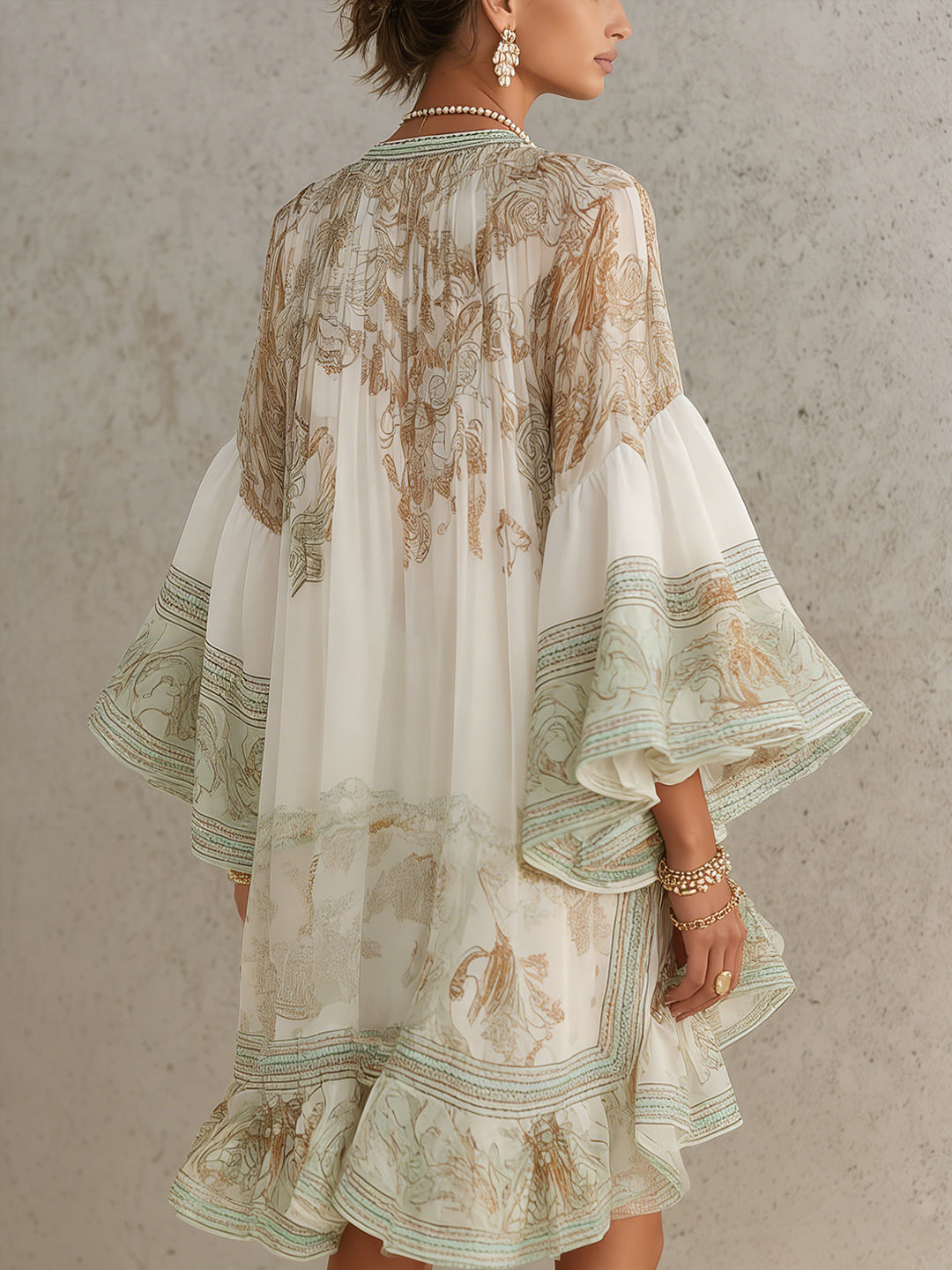 Green Ruffled Hem Chiffon Mini Dress with Flounce Sleeves