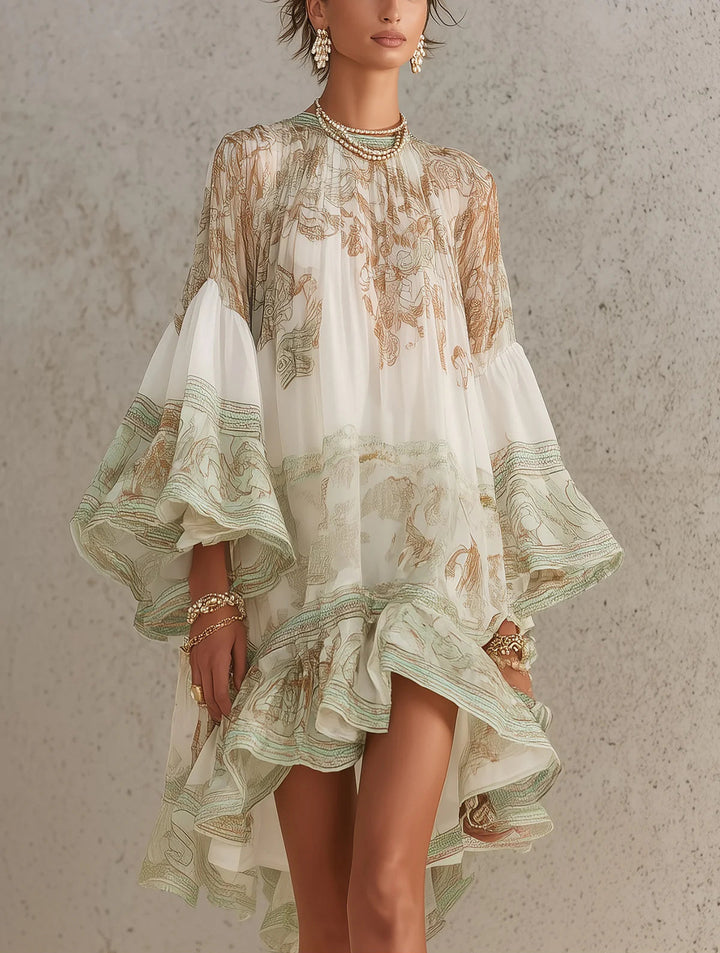 Green Ruffled Hem Chiffon Mini Dress with Flounce Sleeves