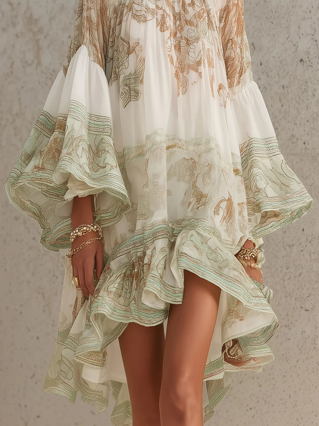 Green Ruffled Hem Chiffon Mini Dress with Flounce Sleeves