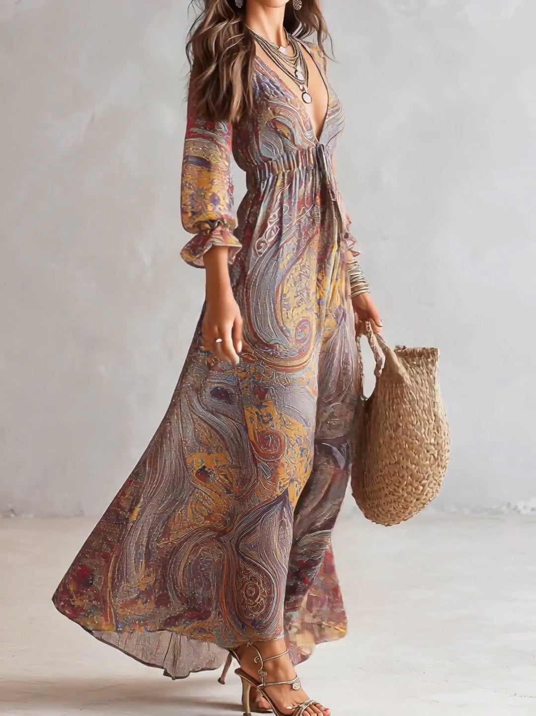 V-Neck Chiffon Maxi Dress with Paisley Print and Gathered Detail