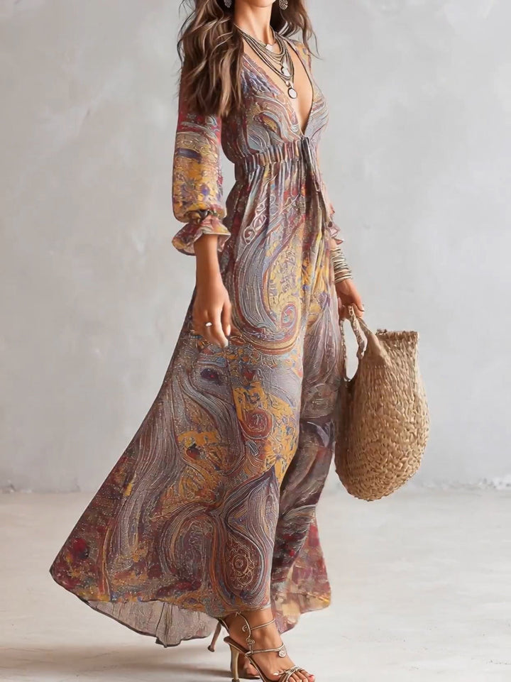 V-Neck Chiffon Maxi Dress with Paisley Print and Gathered Detail