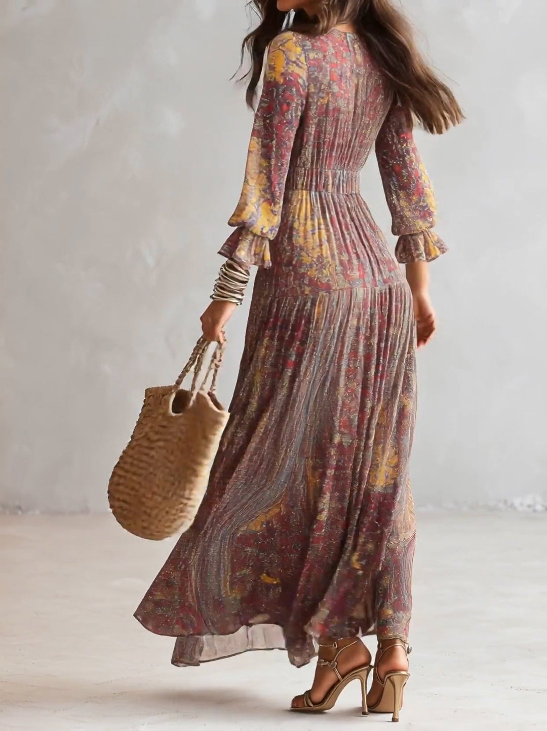 V-Neck Chiffon Maxi Dress with Paisley Print and Gathered Detail