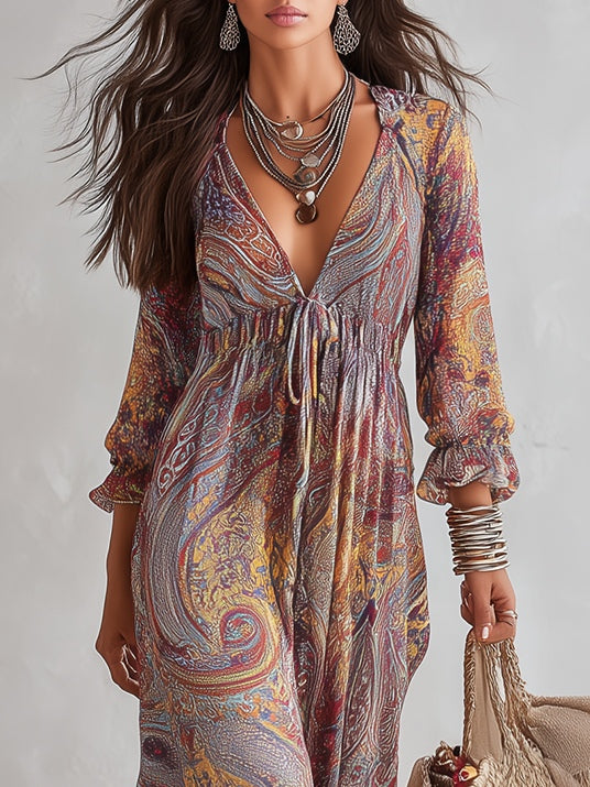 V-Neck Chiffon Maxi Dress with Paisley Print and Gathered Detail