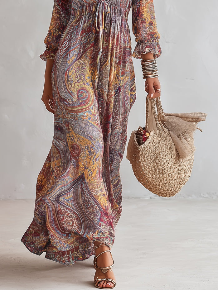V-Neck Chiffon Maxi Dress with Paisley Print and Gathered Detail