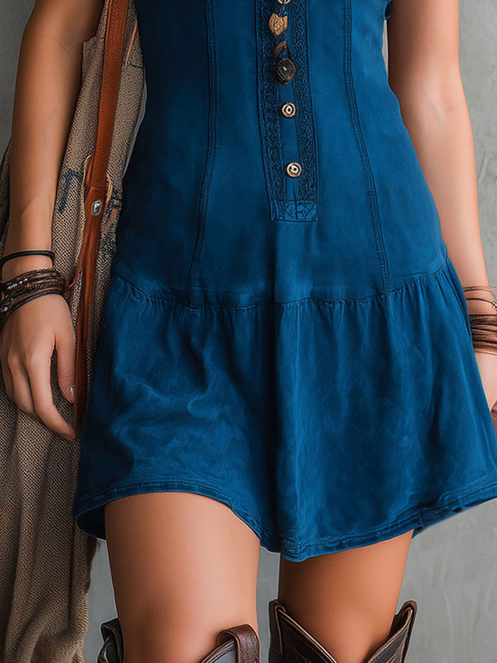 Indigo Bohemian V-Neck Sleeveless Mini Dress with Button Detail