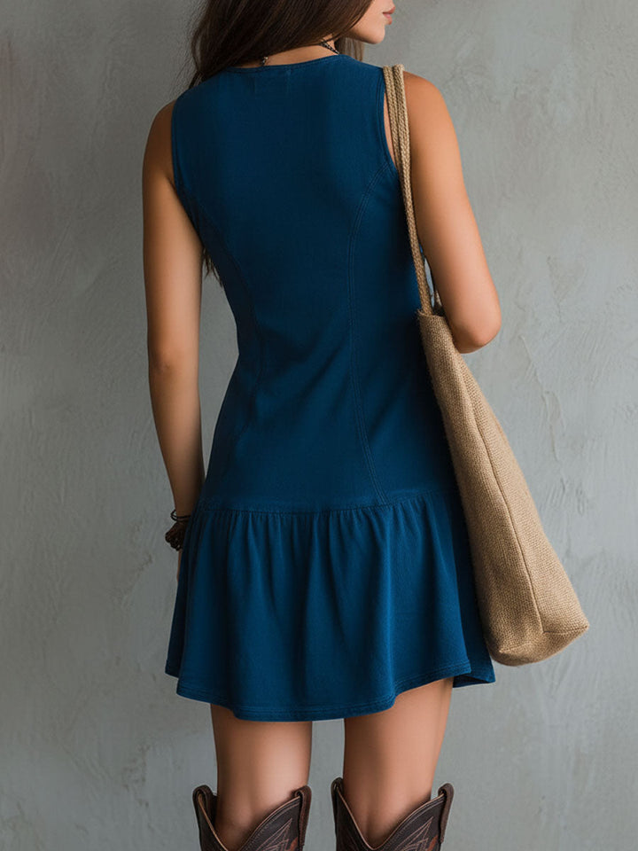 Indigo Bohemian V-Neck Sleeveless Mini Dress with Button Detail
