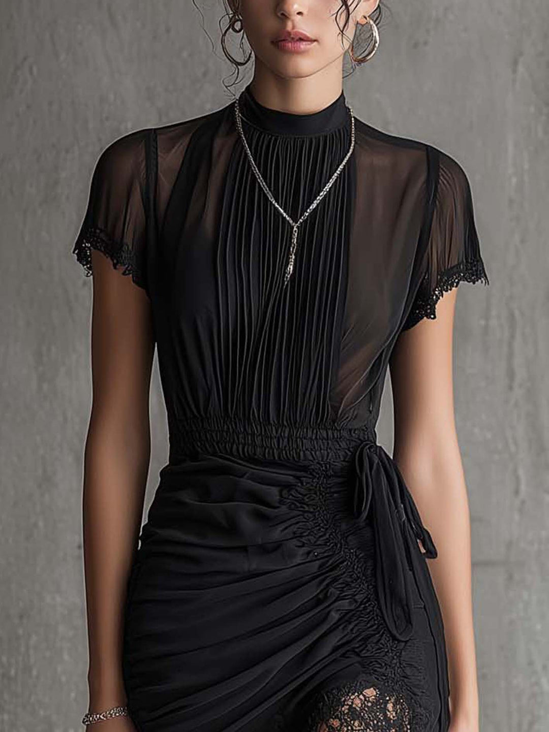 Black Lace-Trimmed Mini Dress with Pleated Waist in Chiffon