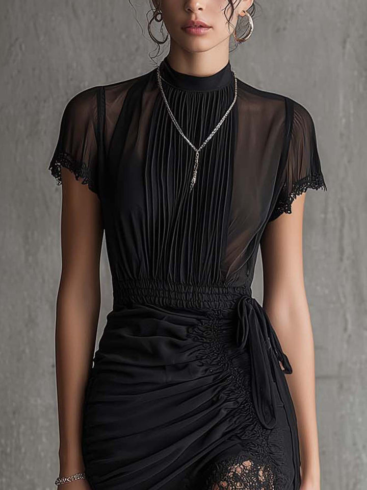 Black Lace-Trimmed Mini Dress with Pleated Waist in Chiffon