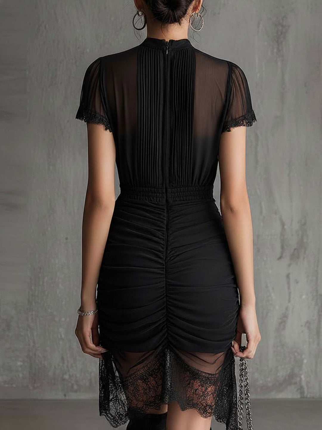 Black Lace-Trimmed Mini Dress with Pleated Waist in Chiffon