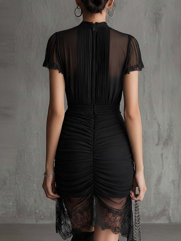 Black Lace-Trimmed Mini Dress with Pleated Waist in Chiffon