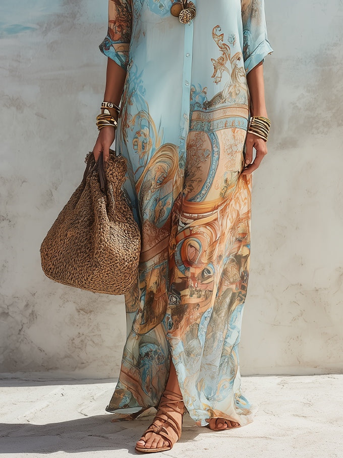Maxi Dress with Vacation-Inspired Blue Floral Print