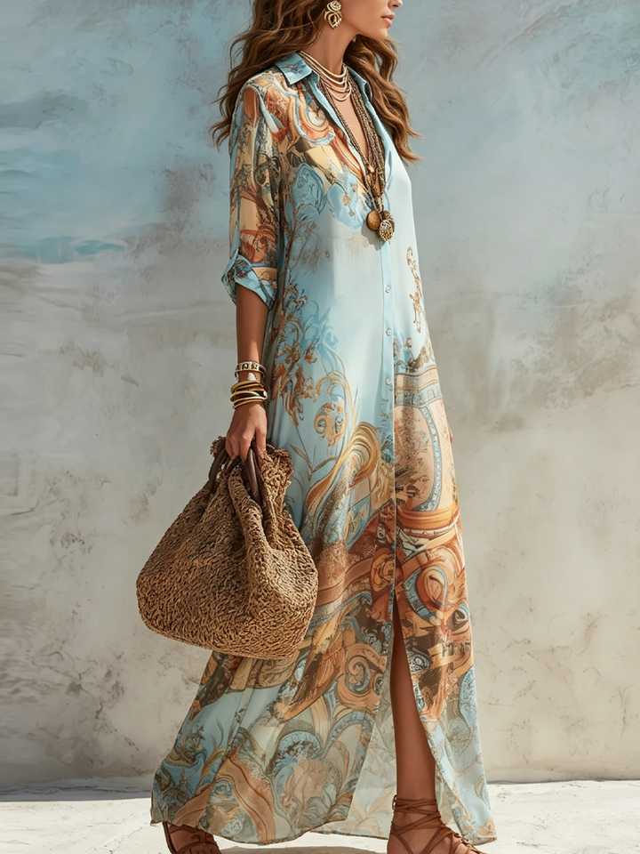 Maxi Dress with Vacation-Inspired Blue Floral Print