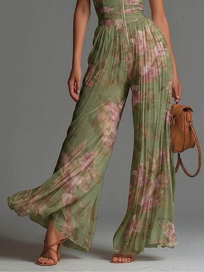 Green Floral V-Neck Sleeveless Wide-Leg Chiffon Jumpsuit with Zip-Up and Pleated Design