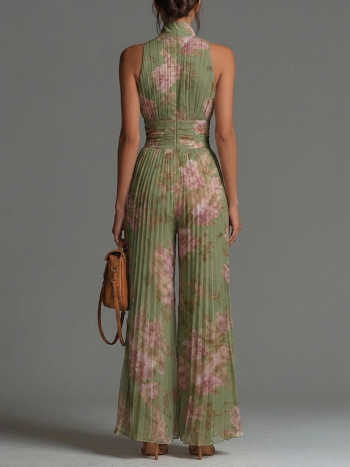 Green Floral V-Neck Sleeveless Wide-Leg Chiffon Jumpsuit with Zip-Up and Pleated Design