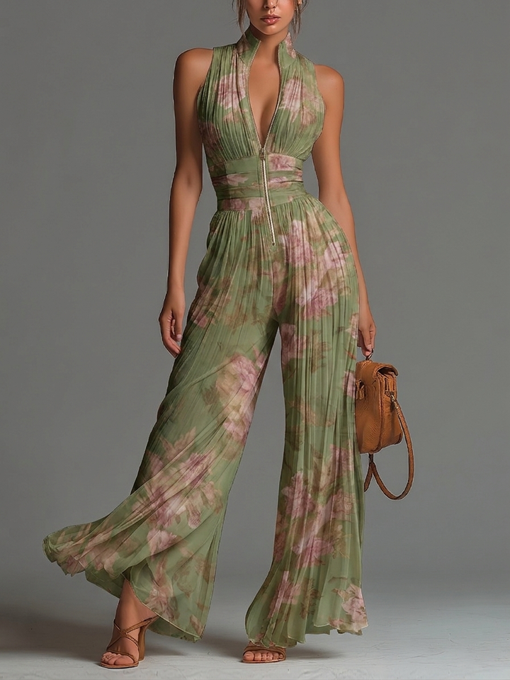Green Floral V-Neck Sleeveless Wide-Leg Chiffon Jumpsuit with Zip-Up and Pleated Design