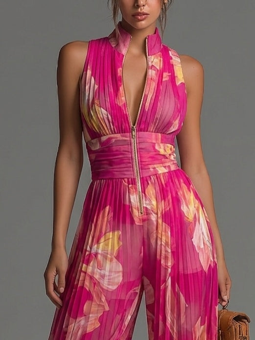 Fuchsia Floral Print Wide-Leg Chiffon Jumpsuit with Sleeveless Design and Zippered Pleats