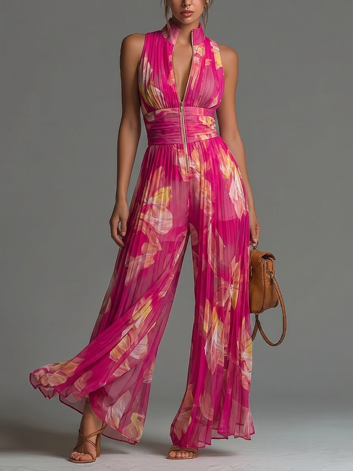 Fuchsia Floral Print Wide-Leg Chiffon Jumpsuit with Sleeveless Design and Zippered Pleats