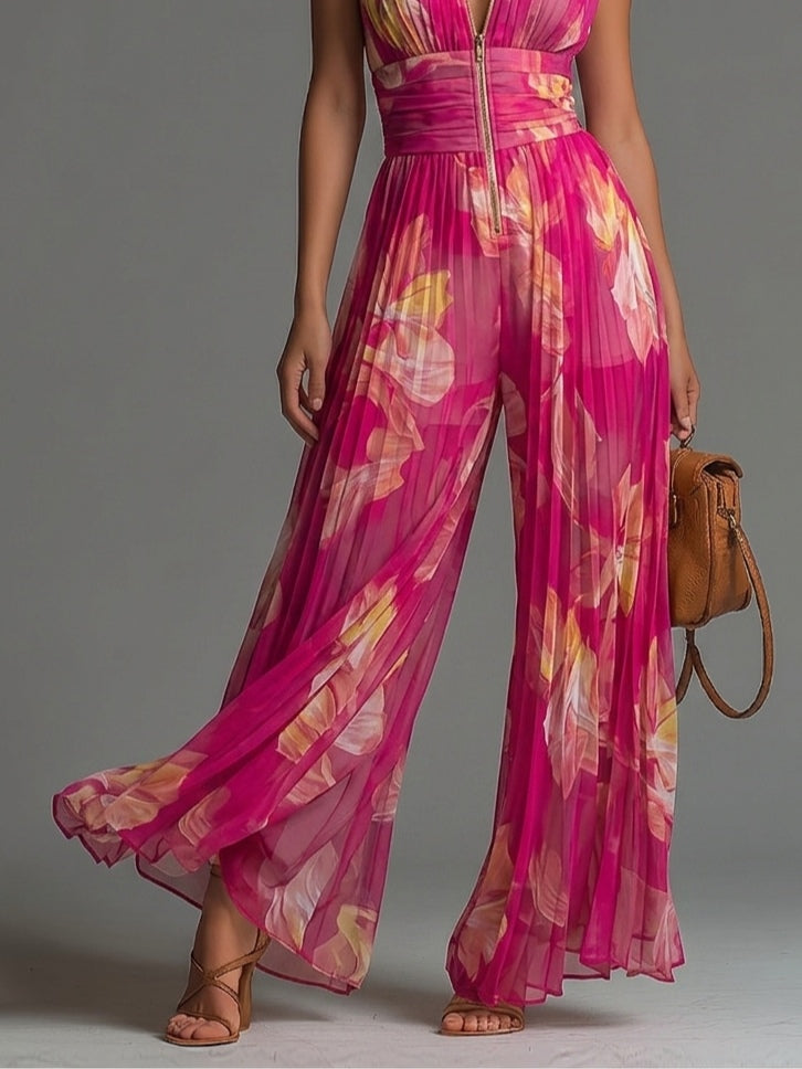 Fuchsia Floral Print Wide-Leg Chiffon Jumpsuit with Sleeveless Design and Zippered Pleats