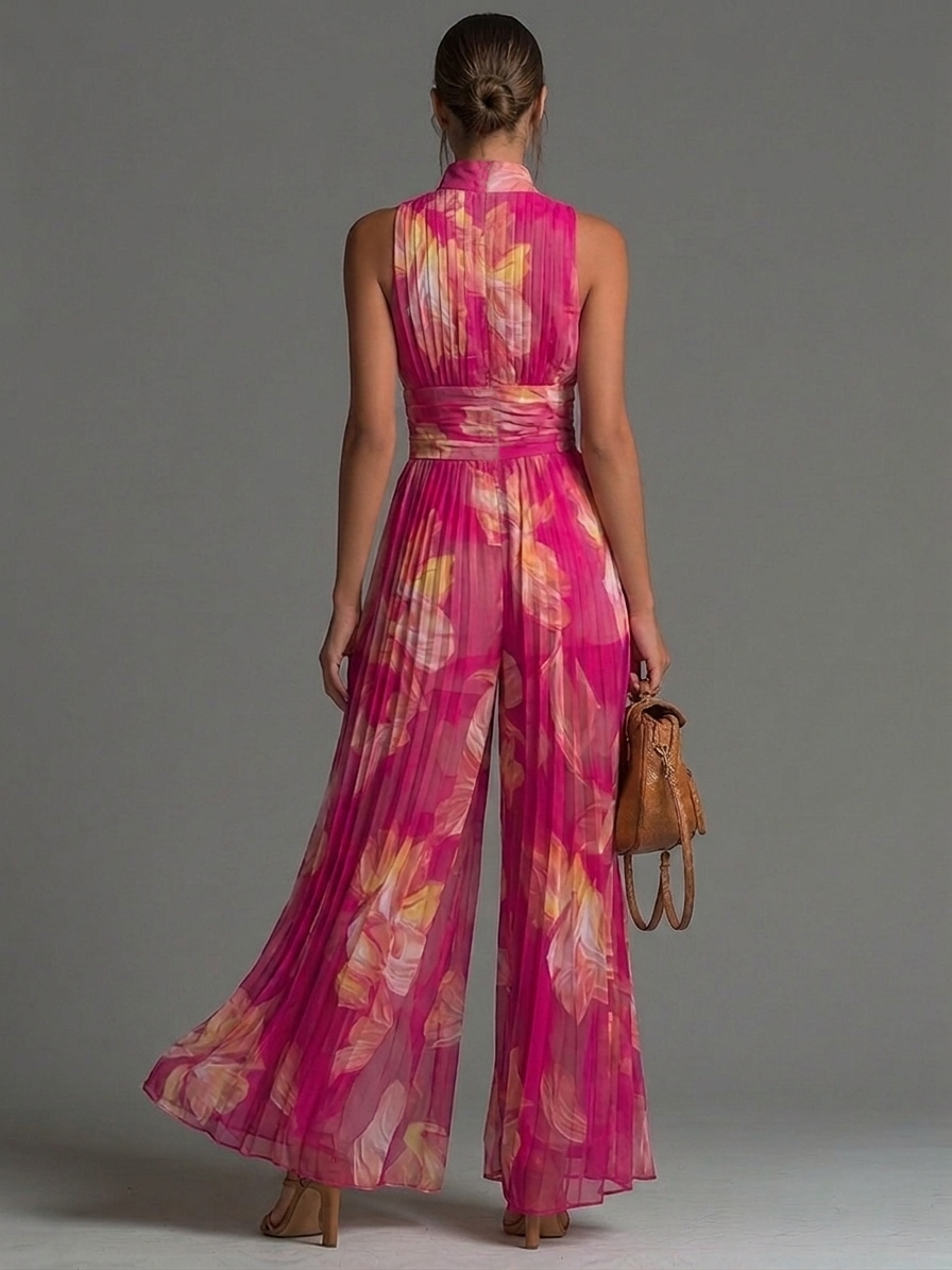 Fuchsia Floral Print Wide-Leg Chiffon Jumpsuit with Sleeveless Design and Zippered Pleats