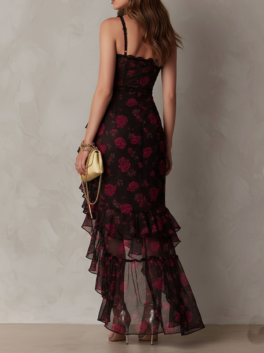 Elegant Black and Red Floral Ruched Dress with Ruffled Hem