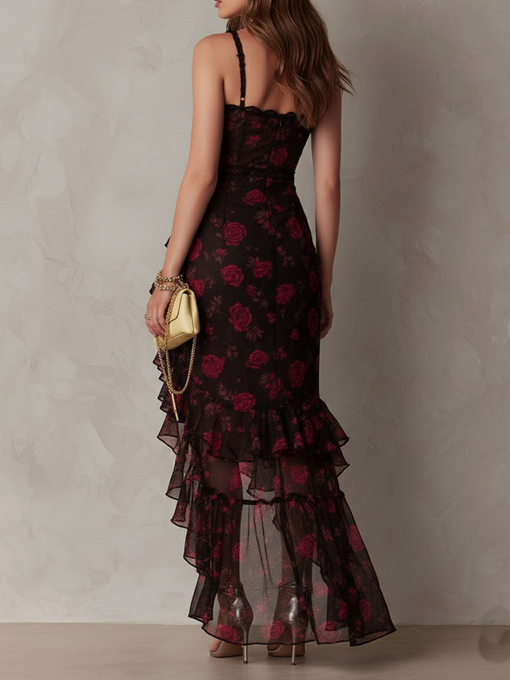 Elegant Black and Red Floral Ruched Dress with Ruffled Hem