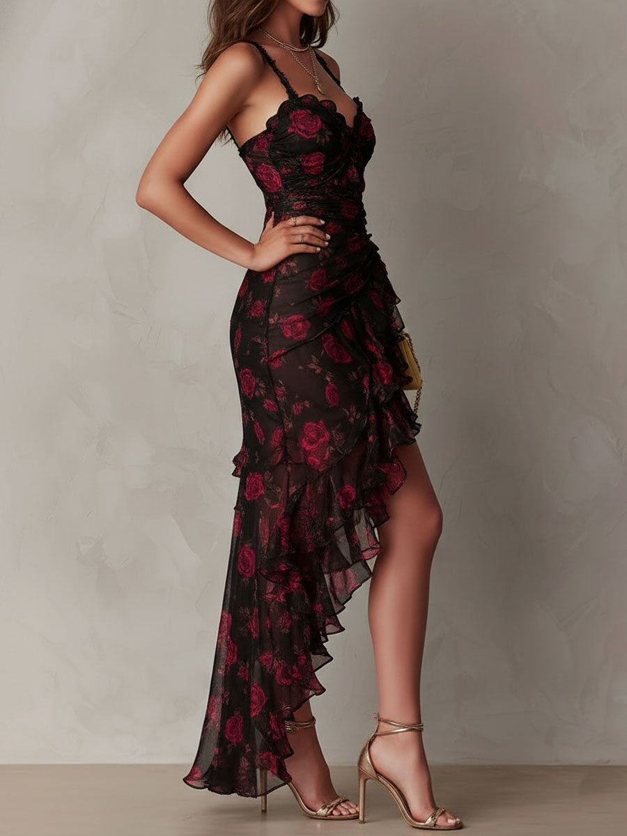 Elegant Black and Red Floral Ruched Dress with Ruffled Hem