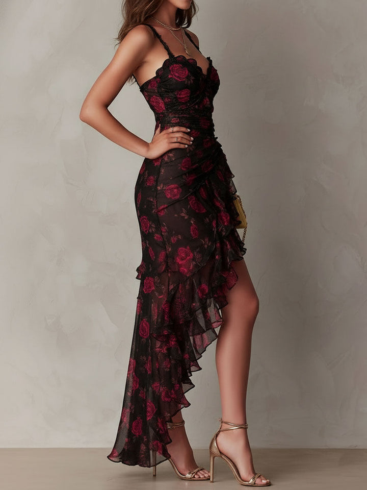 Elegant Black and Red Floral Ruched Dress with Ruffled Hem