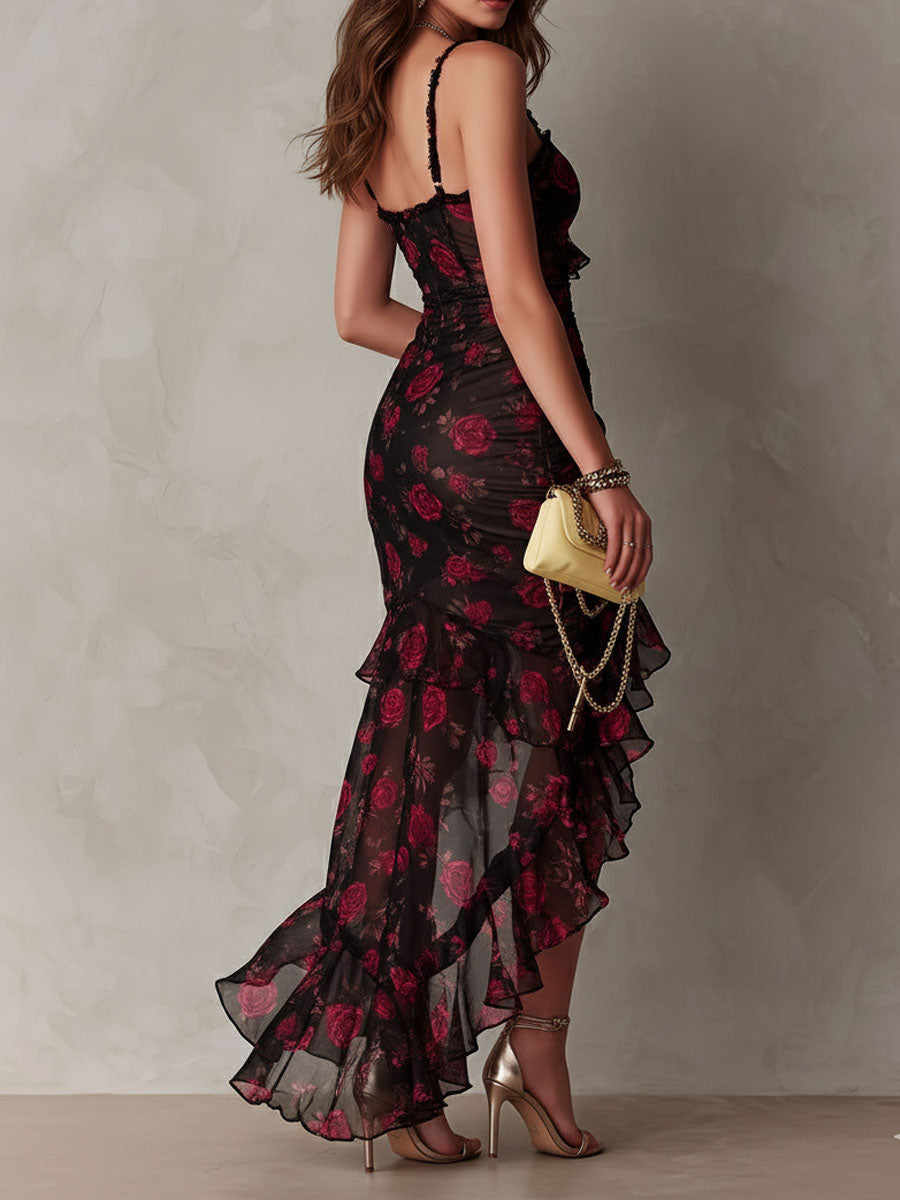 Elegant Black and Red Floral Ruched Dress with Ruffled Hem