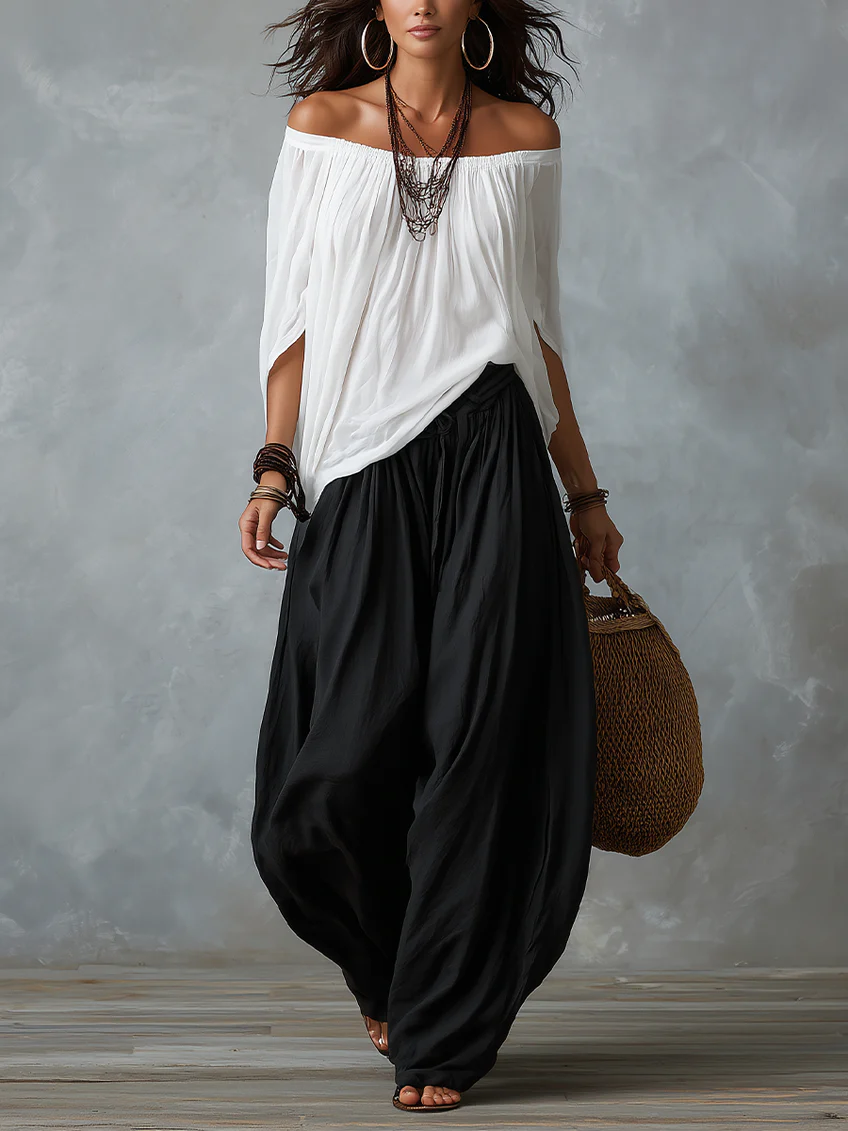 White Off-the-Shoulder Top with Relaxed Lantern Pants Set