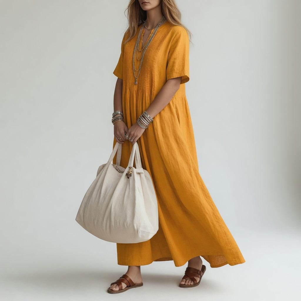 Pélagie™ — V-Neck Long Cotton Dress for Effortless Summer Style