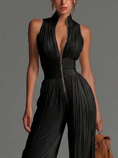 Chic Black V-Neck Sleeveless Wide-Leg Chiffon Jumpsuit with Zip-Up and Pleated Design