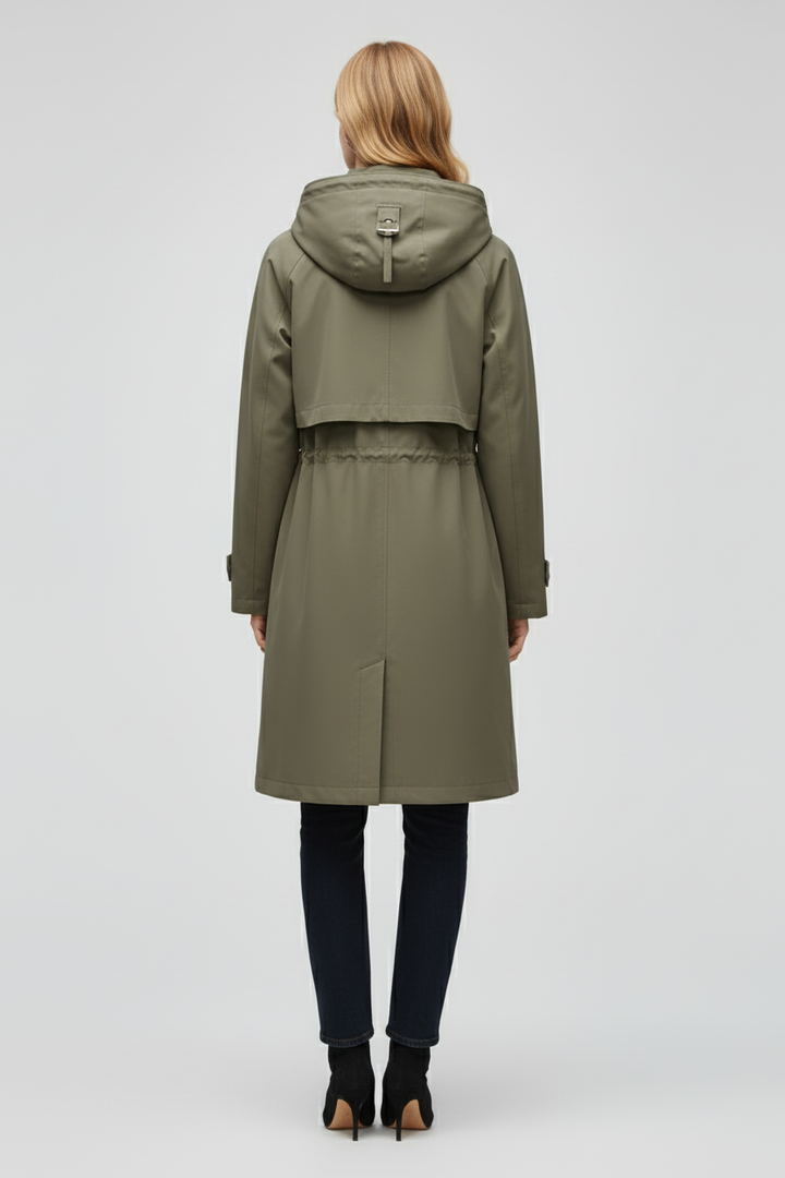 Long Womens Trench Coat with Hood Adjustable Waist and Zip Front