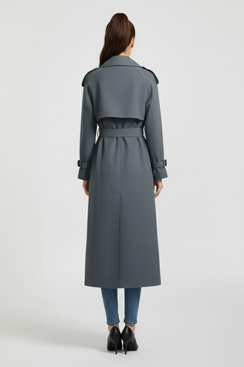 Ankle Length Womens Trench Coat with Wide Collar and Double Button Front