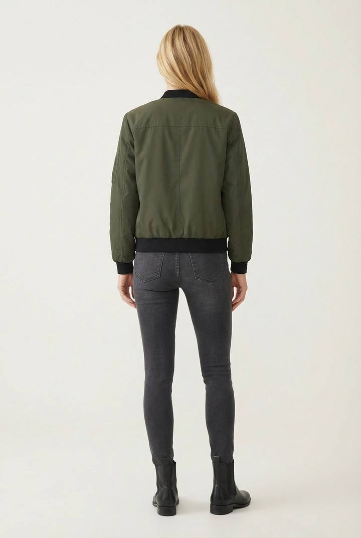 Short Womens Zip Jacket with Ribbed Hem and Cuff Detail