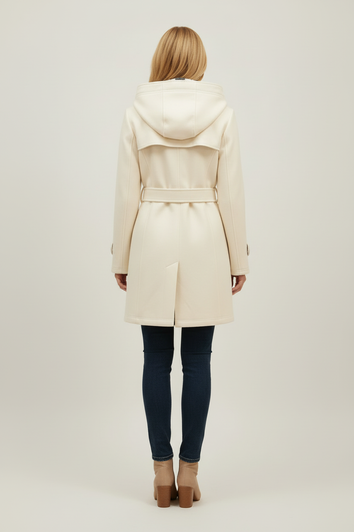 Womens Hooded Coat with Belted Waist and Button Front