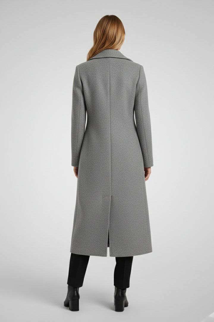 Long Womens Coat with Turn Down Collar and Woven Surface