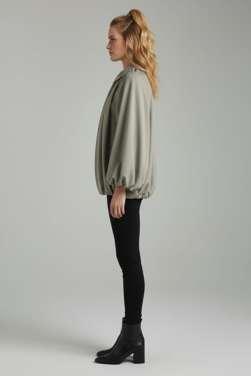 Relaxed Bomber Jacket with Puff Sleeves and Zip Front