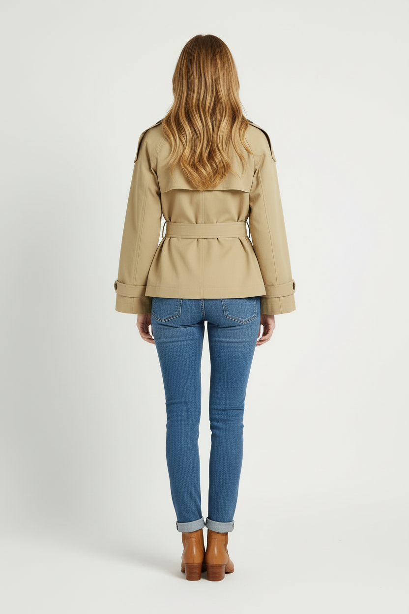 Short Trench Jacket with High Neck and Belted Waist